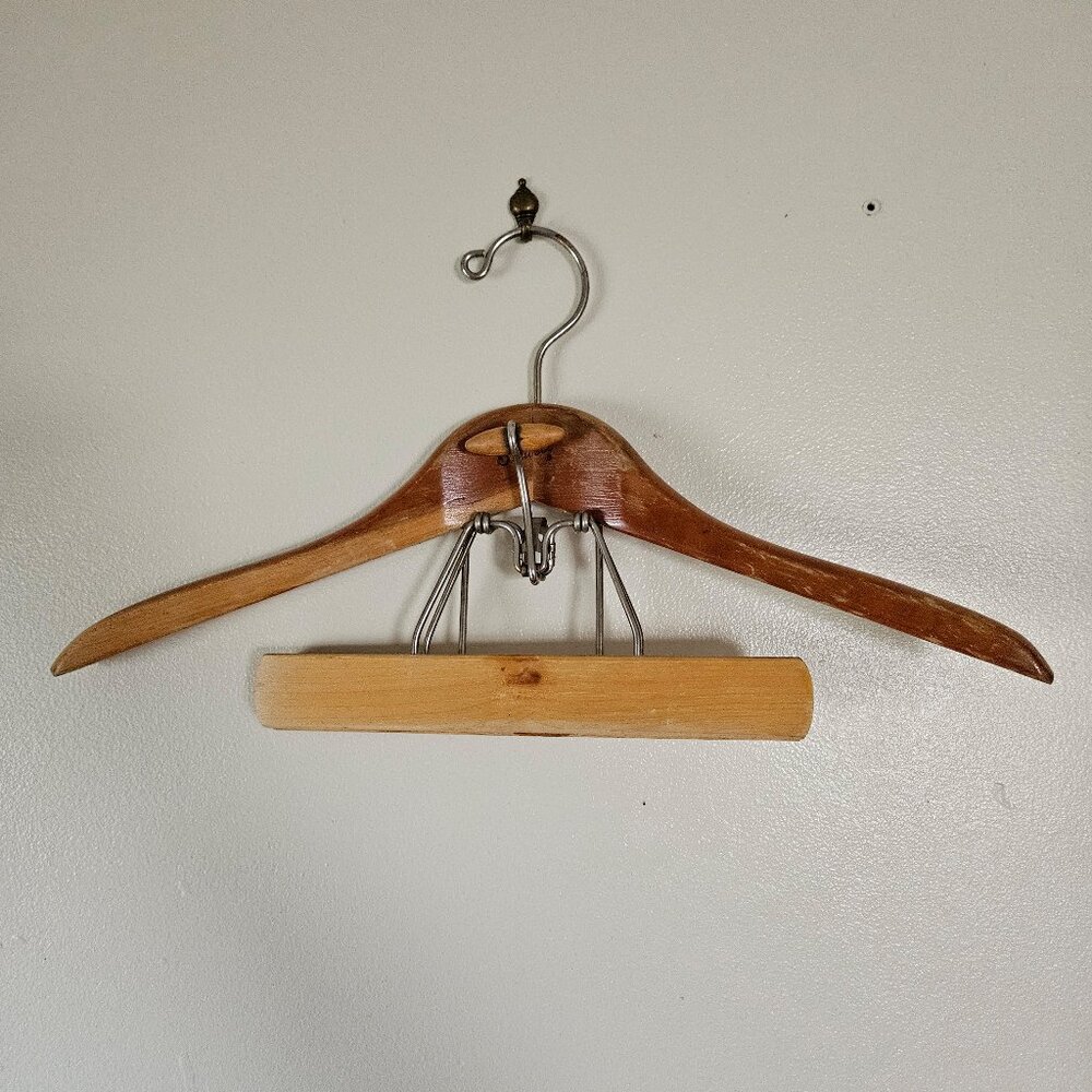 Vintage‎ Setwell 18" Heavy Duty Wooden Suit Pant Clothes Hanger Combo Clamp
